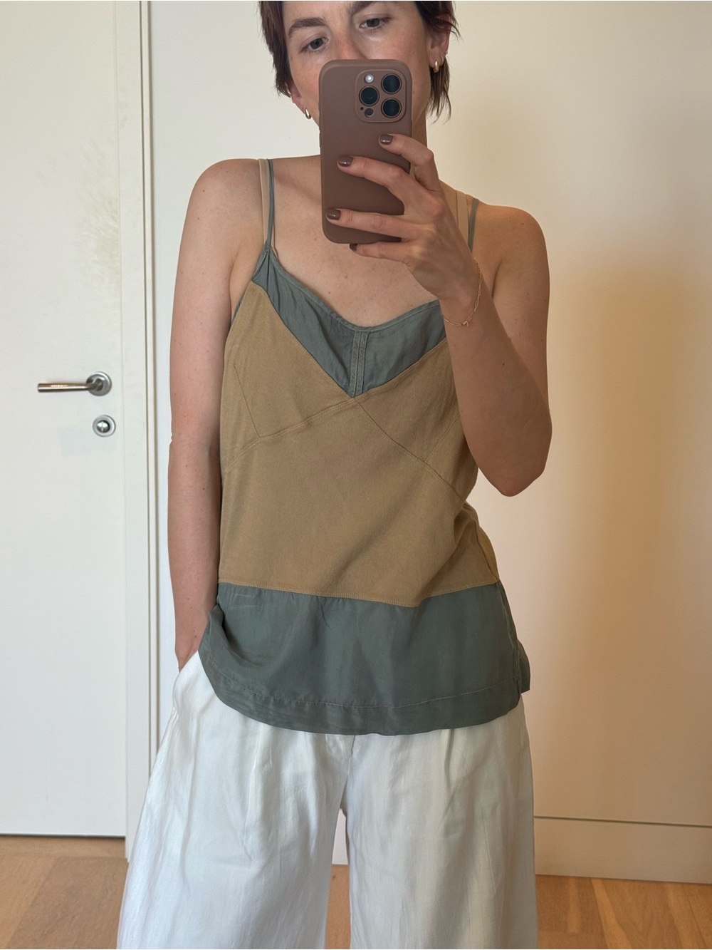 Raquel Allegra Two-Tone Khaki and Olive V-Neck Cami